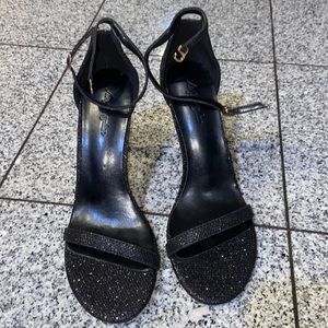 Brand new, never worn!!!! Black glittery open toed w/ ankle straps